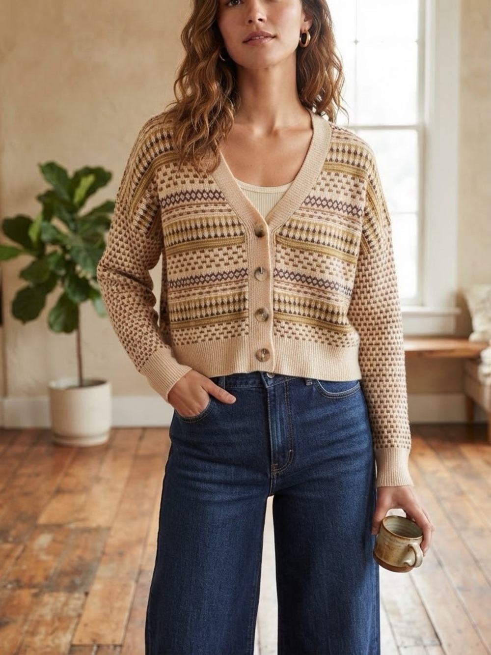 Blue Blush 100% Cotton Scandi Fair Isle Cropped Knit Cardigan Size XS